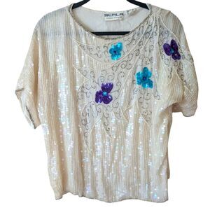 Scala Silk Sequin Beaded 80s Glam Floral White Top Size Medium